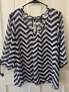 Navy Chevron V-Neck Blouse - Women